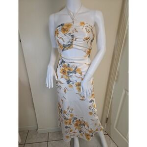 Fortunate One Floral Halter Maxi Dress XS Cream Yellow Satin Cutout